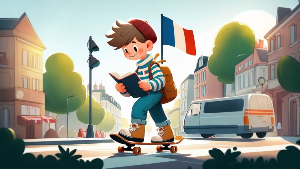 یک پسر در حال اسکیت کردن در خیابان با یک کتاب در دست