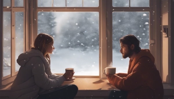 یک زوج نشسته داخل خانه در حال نوشیدن قهوه و نگاه کردن به هم در حالی که بیرون برف می آید