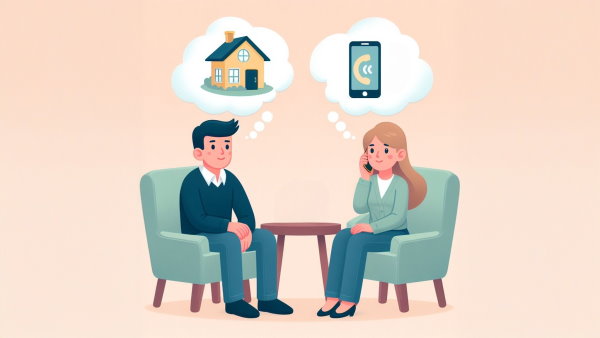 یک زوج نشسته روی صندلی، مرد در حال فکر به خانه، زن در حال تماس و فکر کردن به تلفن همراه