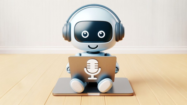 یک ربات با مزه کوچک نشسته در حال کار با یک لپ تاپ با آیکون صدا در پشت قاب لپ تاپ