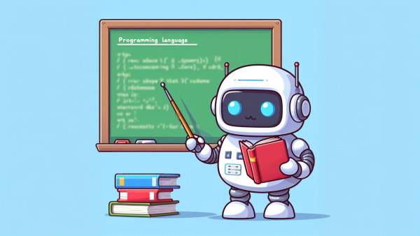 یک ربات کوچک با یک کتاب در دست در حال اشاره به تخته و آموزش زبان برنامه نویسی