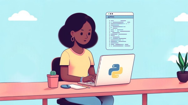 یک خانم برنامه نویسی نشسته پشت میز در حال کار با یک لپ تاپ با لوگوی زبان برنامه نویسی پایتون