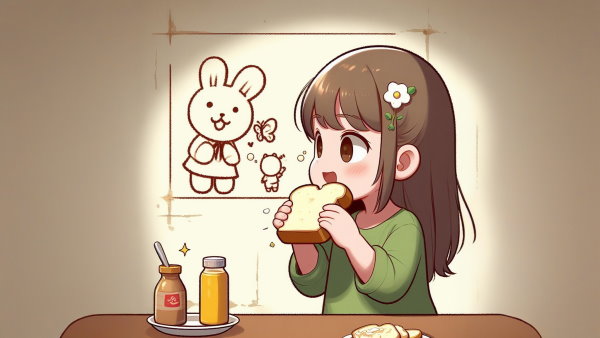 یک دختربچه در حال خوردن نان و کره هنگام نگاه کردن به نقاشی روی دیوار