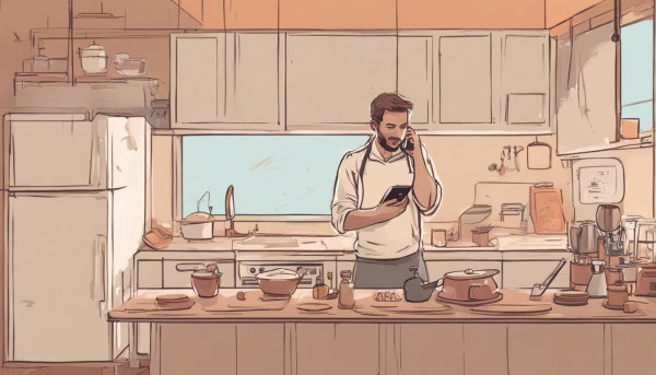 یک مرد در آشپزخانه در حال صحبت با تلفن