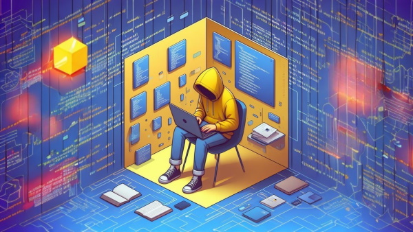 یک برنامه نویس نشسته در یک فضای انتزاعی مکعبی پر از کد در حال کار با لپ تاپ - کدهای آماده جاوا اسکریپت