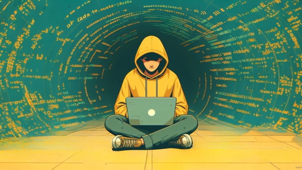 یک شخص برنامه نویس نشسته در فضایی انتزاعی پر از کد در حال کار با لپ تاپ - کدهای آماده جاوا اسکریپت