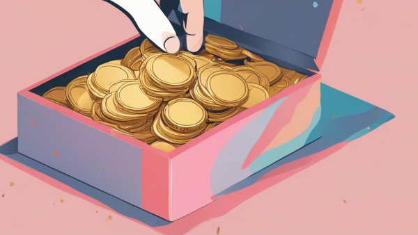 یک دست در حال گذاشتن سکه طلا درون یک جعبه پر از سکه