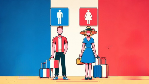 یک مرد و زن فرانسوی ایستاده با علامت جنسیت در بالای سرشان و پرچم فرانسه در اطرافشان