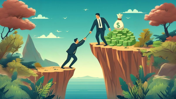 یک مرد لبه سخره پره از پول در حال بالا کشیدن یک مرد دیگر با طناب