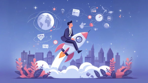 یک مرد کت و شلواری نشسته روی موشک در حال رفتن به سمت ماه با پس زمینه مفاهیم کسب و کار - شتاب دهنده چیست