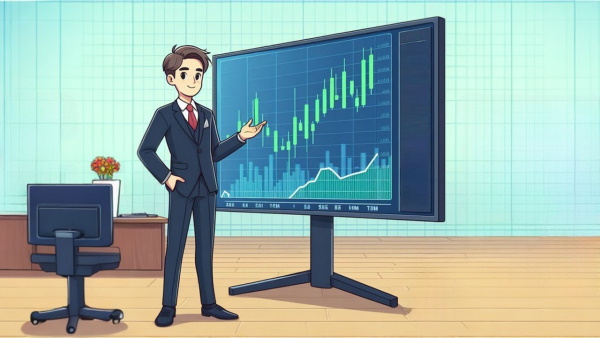 یک مرد کت شلواری ایستاده جلوی یک صفحه نمایش بزرگ با یک نمودار حجم - اندیکاتور حجم