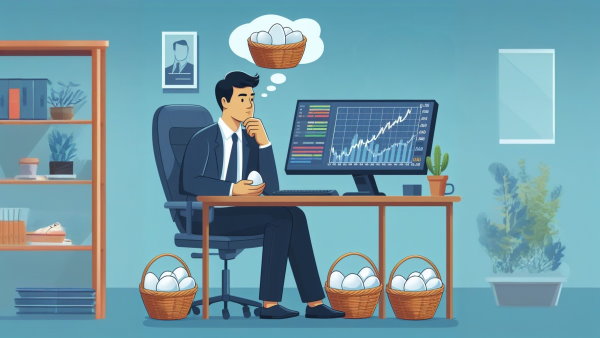 یک مرد نشسته پشت میز کامپیوتر در حال نگاه کردن به نمودار سهام و فکر کردن به تخم مرغ های درون سبد