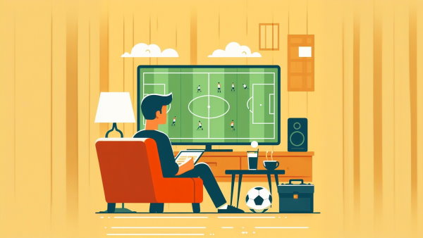 ی مرد نشسته روی مبل جلوی تلویزیون در حال تماشای بازی فوتبال