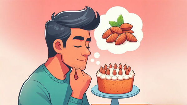 یک مرد در حال بو کردن یک کیک تازه با چشمان بسته و فکر کردن به بادام