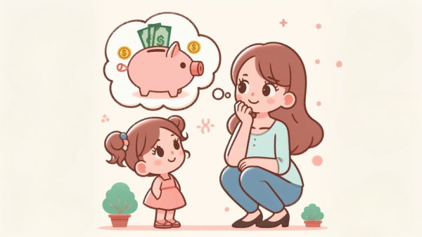 یک مادر و دختر کوچک، مادر در حال فکر کردن به قلک و پس انداز پول