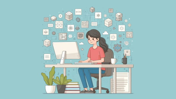 یک خانم مشسته پشت میز در حال کار با کامپیوتر در پس زمینه الگوهای مکعبی - دیزاین پترن چیست