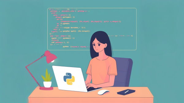 یک خانم برنامه نویس نشسته پشت میز در حال کار با لپ تاپی با لوگوی پایتون به همراه یک قطعه کد با خط های قرمز در پشت سر