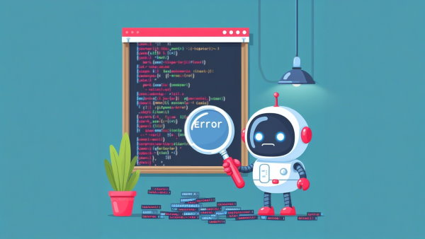 یک ربات کوچک ایستاده با یک ذره بین در دست به دنبال Error در یک صفحه پر از کد برنامه نویسی