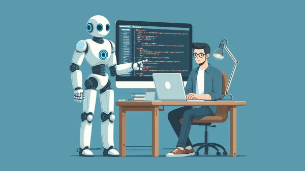 ربات هوش مصنوعی در حال آموزش برنامه نویسی به مردی است که در مقابل کامپیوتر نشسته است - برنامه نویسی با هوش مصنوعی