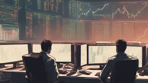 دو نفر نشسته در یک اتاق پر کامپیوتر در حال نگاه کردن به نمودار قیمت سهام