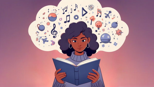 یک دختر در حال مطالعه و فکر کردن به مفاهیم علمی و موسیقی