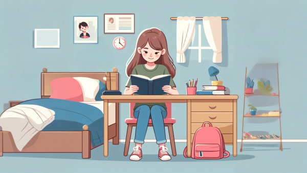یک دختر نوجوان در حال مطالعه پشت میز کنار تخت در اتاقش