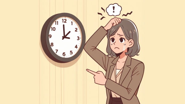 یک خانم مضطرب در حال اشاره به ساعت روی دیوار