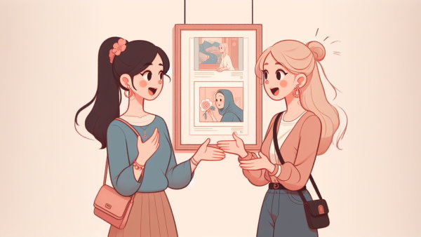 یک خانم در حال صحبت با دوستش در مورد نمایشگاه هنری
