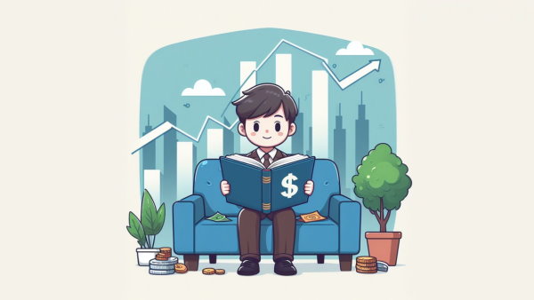 یک پسر جوان نشسته روی مبل با یک کتاب باز در دست و یک نمودار پشت سر