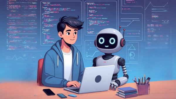 یک مرد و یک ربات نشسته پشت میز در حال کار با لپ تاپ و یادگیری زبان برنامه نویسی