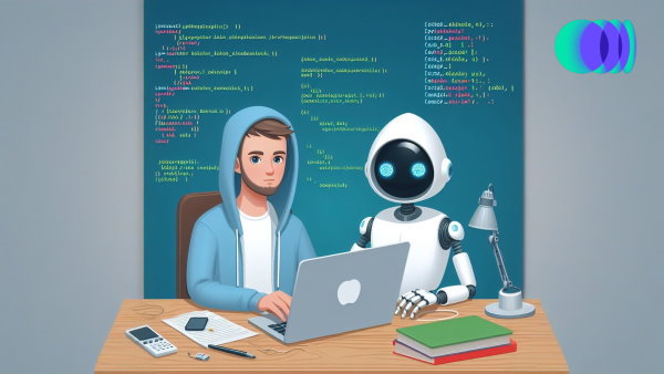 یک مرد و یک ربات نشسته پشت میز در حال کار با لپ تاپ و یادگیری زبان برنامه نویسی - تقویت برنامه نویسی با هوش مصنوعی