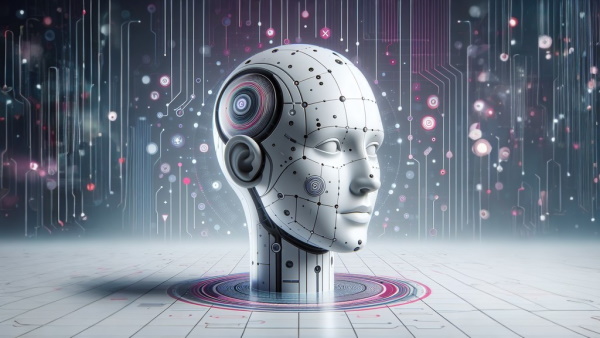 یک سر هوش مصنوعی در فضای انتزاعی با تم تکنولوژی