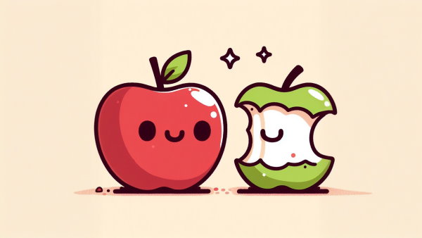 یک سیب قرمز کامل در کنار یک سیب سبز گاز زده شده