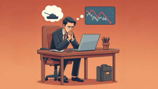 یک مرد ناراحت نشسته پشت میز در حال نگاه کردن به لپ تاپ و فکر کردن به تانک و کاهش شدید قیمت سهام