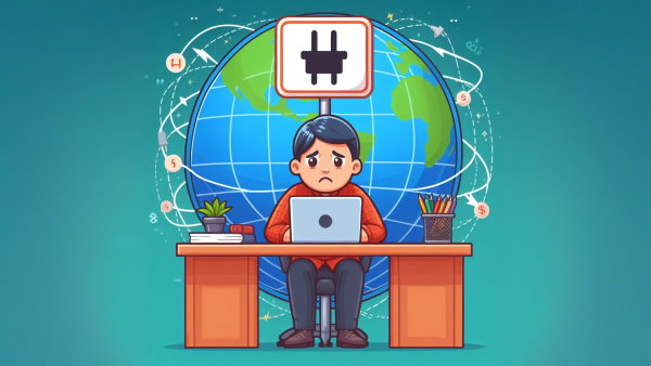 یک مرد ناراحت نشسته پشت میز با لپ تاپ در پس زمینه کره زمین و یک علامت دوشاخه
