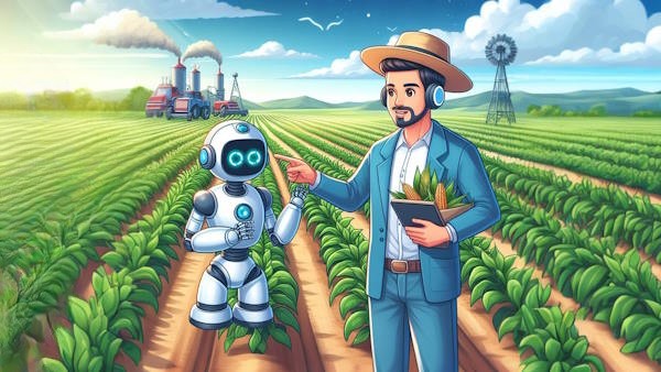 مردی در مزرعه در حال کمک گرفتن از ربات هوش مصنوعی درباره کشاورزی است - کاربرد ماشین لرنینگ در کشاورزی