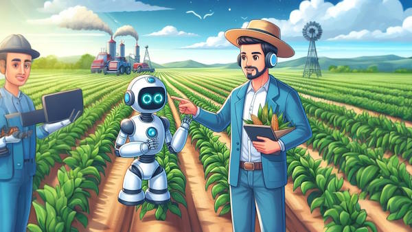 مردی در مزرعه در حال کمک گرفتن از ربات هوش مصنوعی درباره کشاورزی است - کاربرد ماشین لرنینگ در کشاورزی