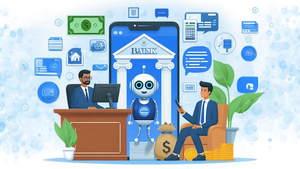 مردی در حال گفتگو با مدیر بانک است و مدیر بانک از هوش مصنوعی برای انجام امور بانکی استفاده می کند - کاربرد ماشین لرنینگ در امور بانکی