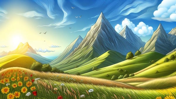 تصویری از طبیعت و کوه و آسمان و چمن