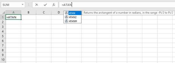 نوشتن فرمول ATAN در نوار فرمول نویسی اکسل برای محاسبه تانژانت معکوس
