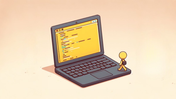 یک لپ تاپ با یک آدمک کوچک روی آن با تم زرد