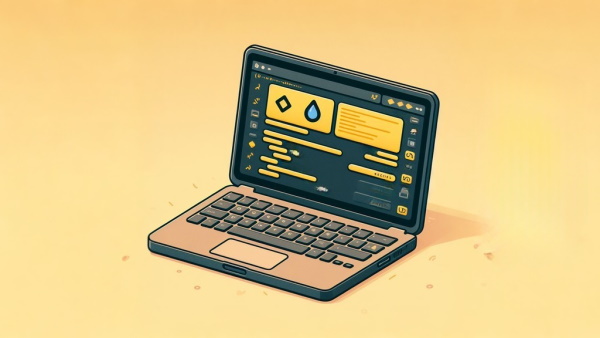 یک لپ تاپ در حال نمایش رابط کدنویسی با تم زرد