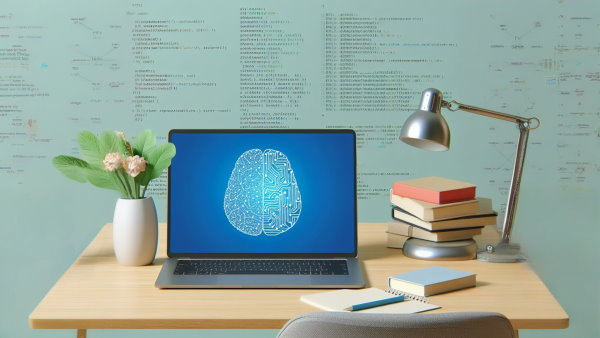 یک لپ تاپ روی میز در کنار گلدان و چراغ و کتاب در حال نمایش طرح مغز هوش مصنوعی