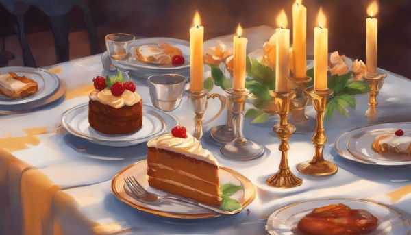نمایی از یک میز با چند بشقاب کیک و چندین شمع روشن