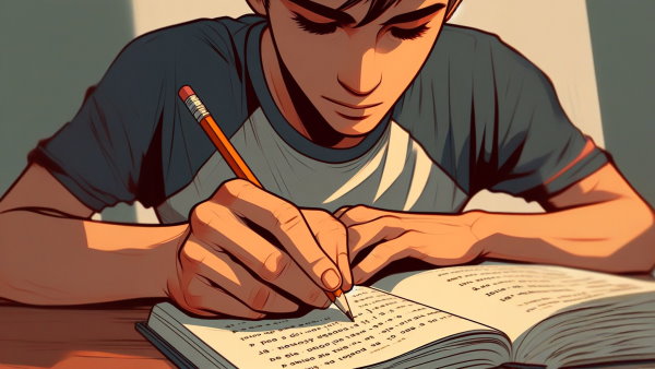 نمای نزدیک از دست یک پسر با مداد بر روی کلمات کتاب
