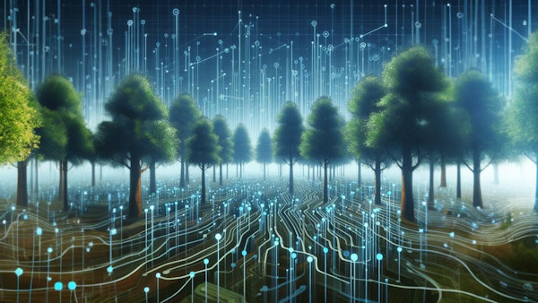 منظر دیجیتال از ساختارهای داده به شکل یک جنگل، جایی که هر درخت نمایانگر یک ساختار داده متفاوت مانند درخت‌های دودویی، استک، صف و ...، نمادی از تنوع و پیوند میان ساختارهای داده است.