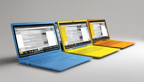 سه لپ تاپ به رنگ های آبی زرد و نارنجی در کنار یکدیگر