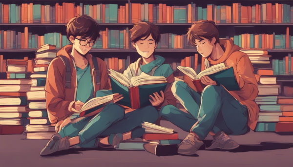 سه پسر نشسته روی زمین کتابخانه در حال مطالعه