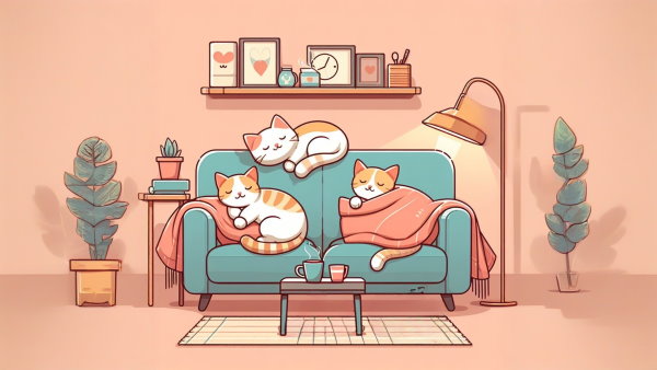 چند گربه در حال خوابیدن روی کاناپه