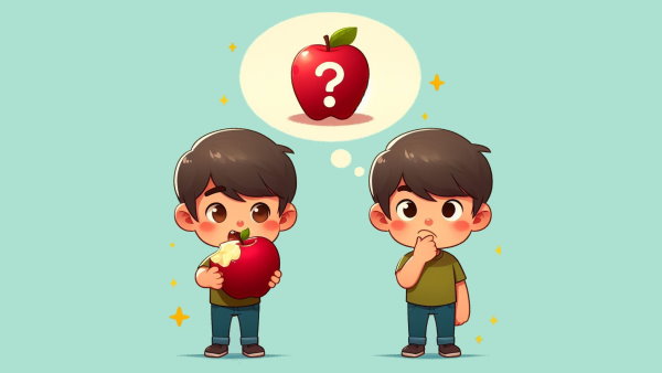 دو پسر بچه ایستاده، یکی در حال خوردن سیب و دیگری در حال فکر کردن به یک سیب کامل